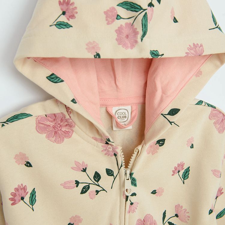 Ecru floral hooded zip through sweatshirt