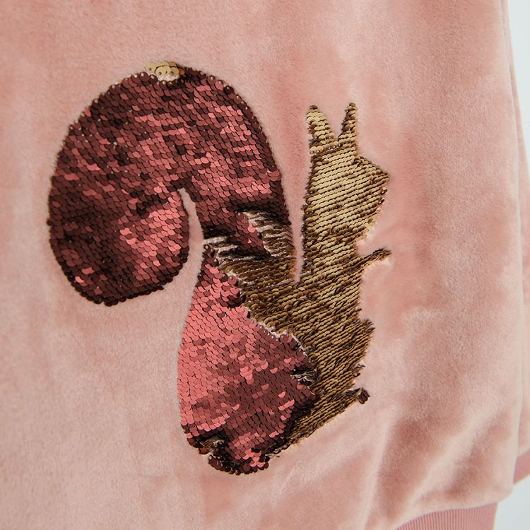 Pink sweathsirt with interactive sequin squirrel print
