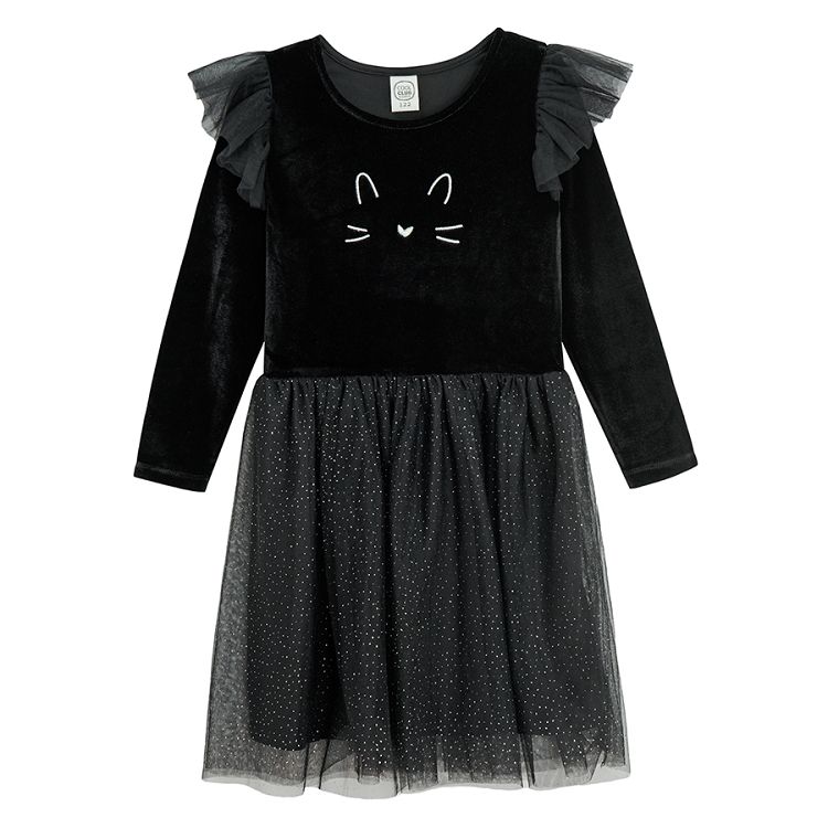 Black long sleeve dress with kitten on the blouse and tulle skirt