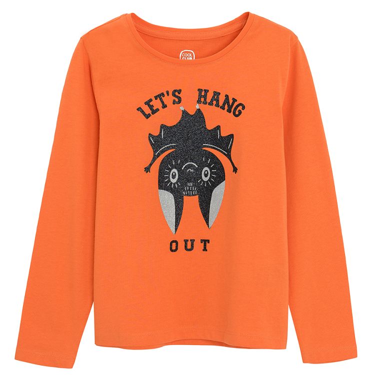 Orange Halloween long sleeve blouse with spider and LET'S HANG OUT print