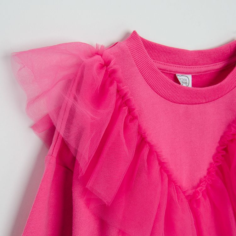 Pink knit long sleeve sweatshirt dress with tulle collar