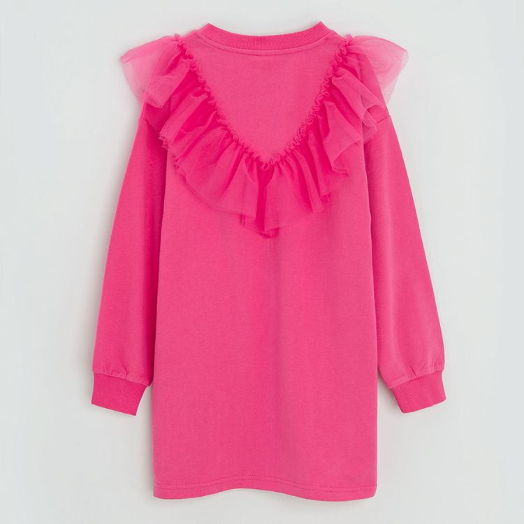 Pink knit long sleeve sweatshirt dress with tulle collar