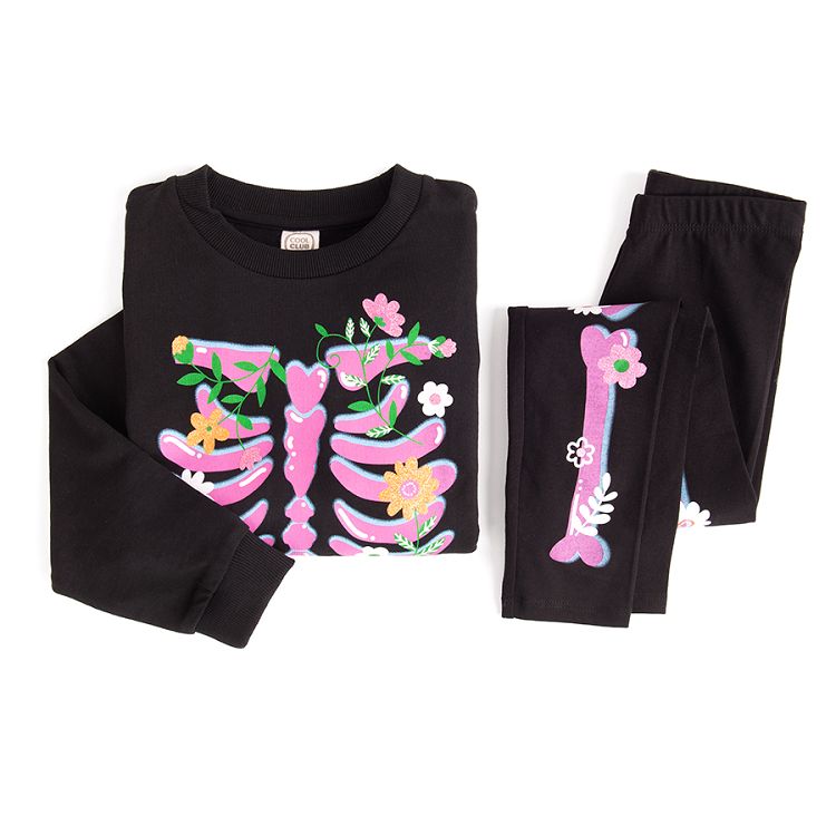 Black jogging set with skeleton with flowers print