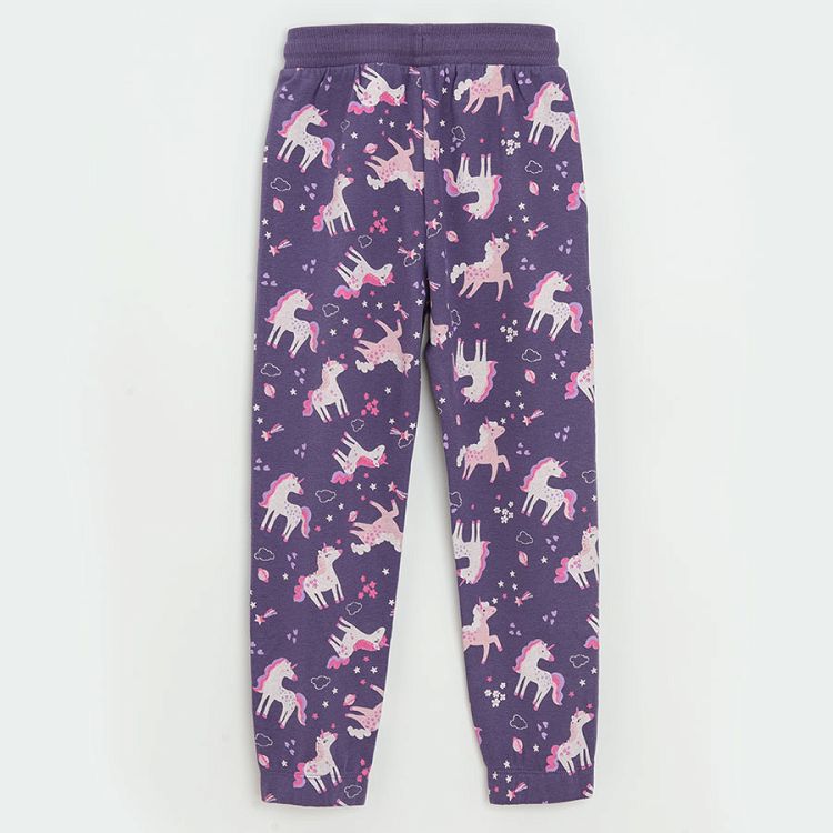 Purple jogging pants with cord in the waist and elastic band around the ankles