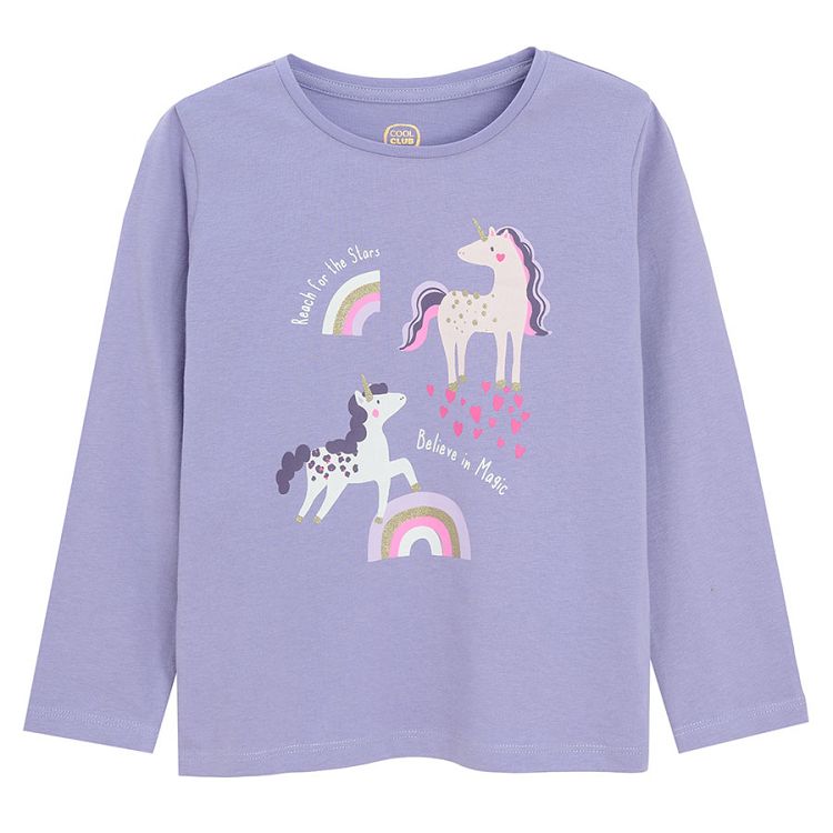 Blue grey and light blue long sleeve blouses with unicorn print and ecru polka dot - 3 pack