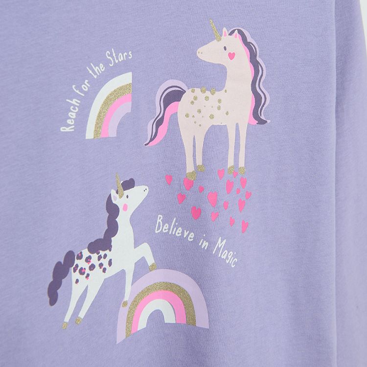 Blue grey and light blue long sleeve blouses with unicorn print and ecru polka dot - 3 pack