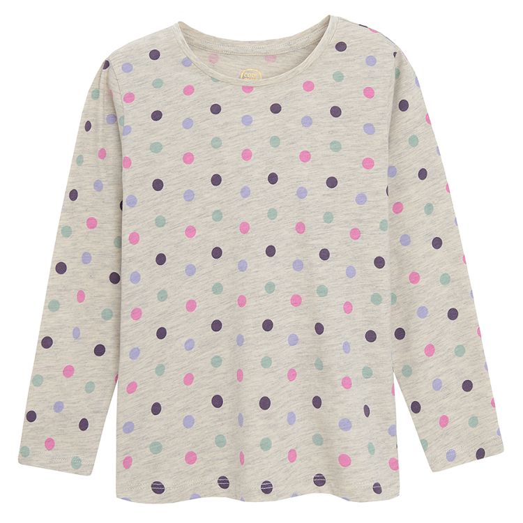 Blue grey and light blue long sleeve blouses with unicorn print and ecru polka dot - 3 pack