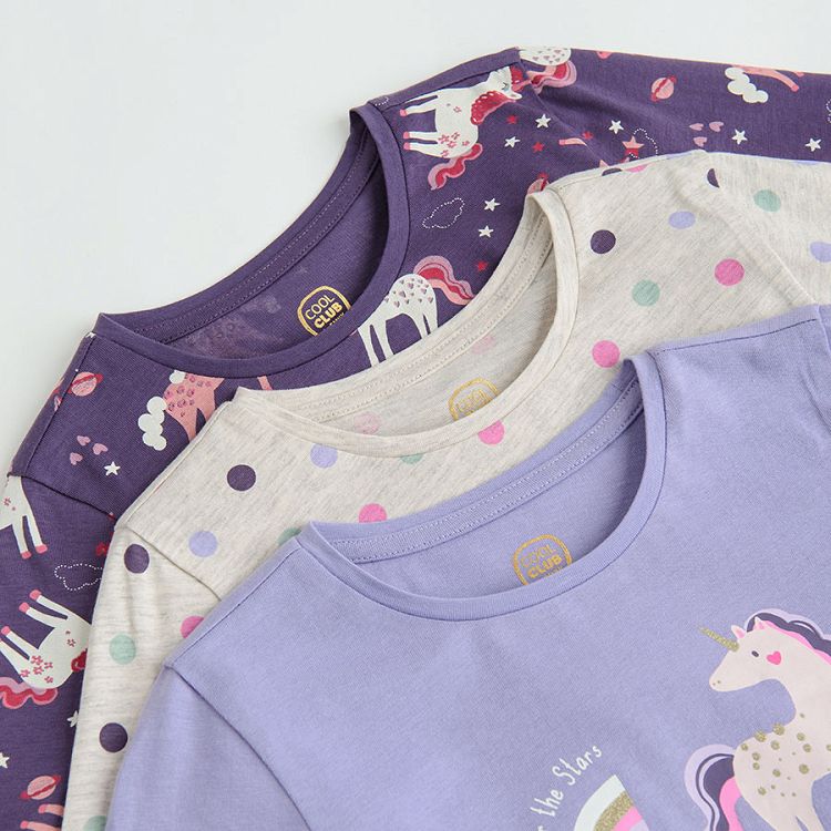 Blue grey and light blue long sleeve blouses with unicorn print and ecru polka dot - 3 pack