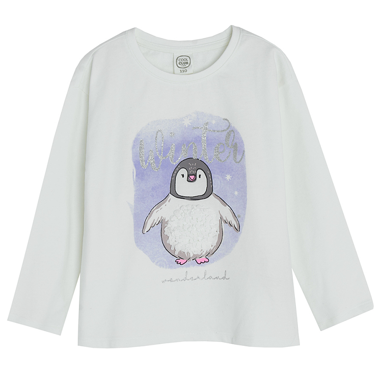 Ecru long sleeve blouse with penguin and WINTER print