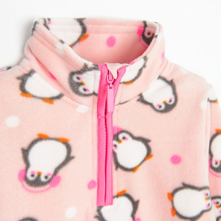 Μπλούζα μακρυμάνικη fleece ροζ με σχέδια πιγκουίνους