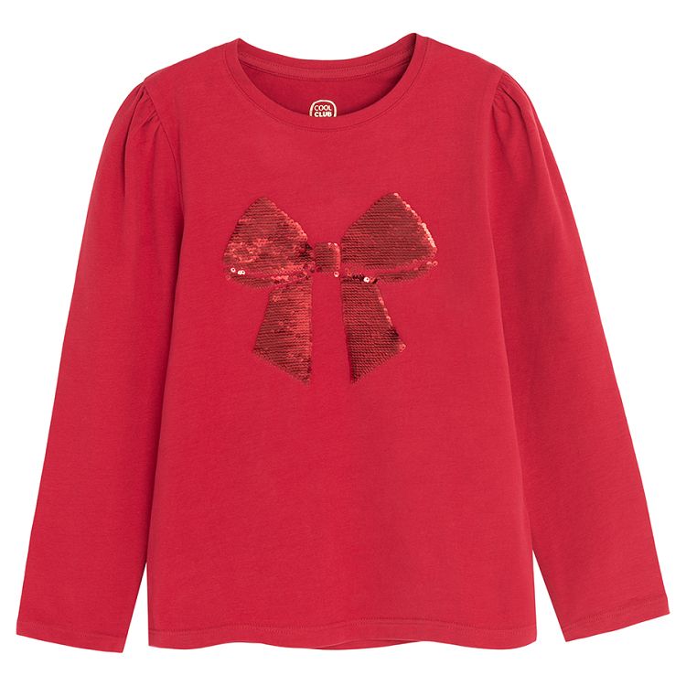 Red long sleeve blouse with bow print