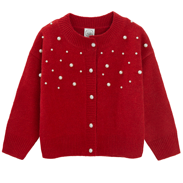 Red cardigan with white pearls