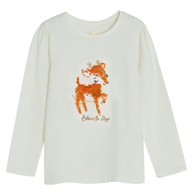 White long sleeve blouse with baby raindeer print