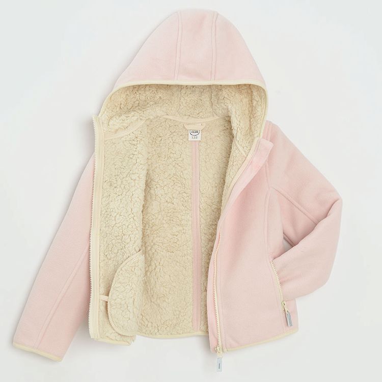 Μπουφάν ζακέτα ροζ fleece με κουκούλα επένδυση εφέ γούνα