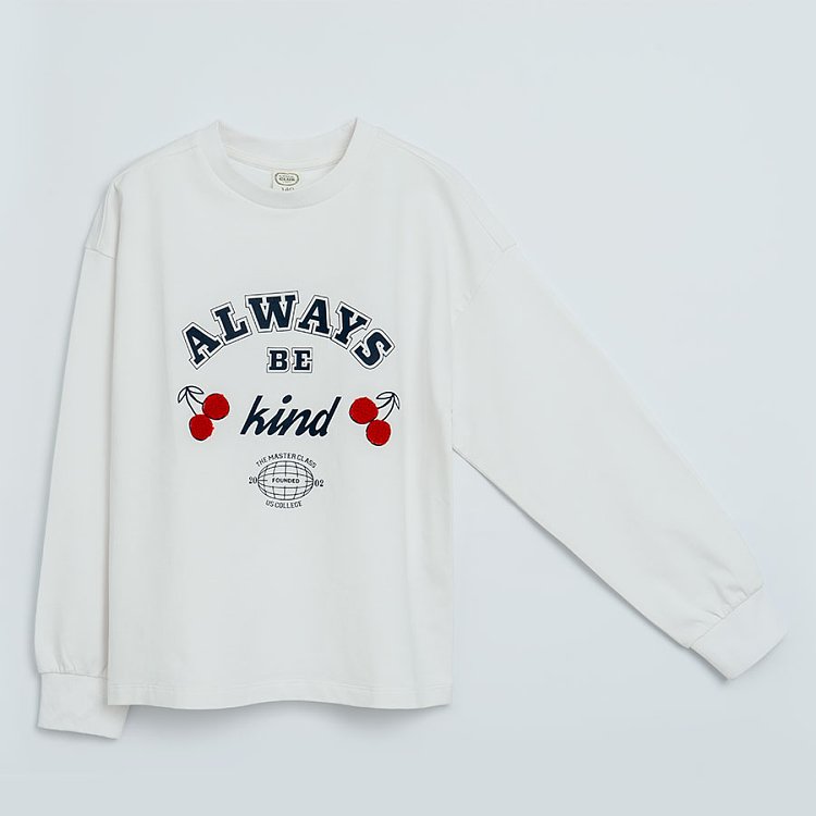 White sweatshirt with cherries and 'Always be kind' print