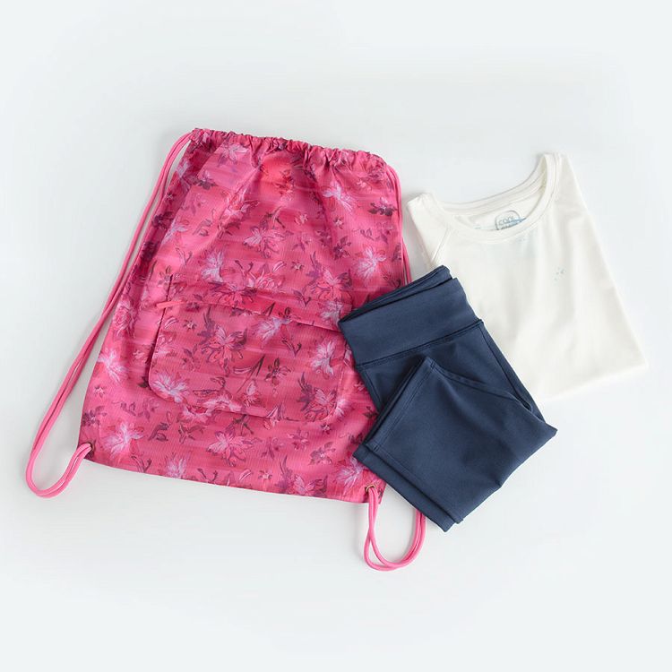 White short sleeve T-shirt, shorts and purple backpack