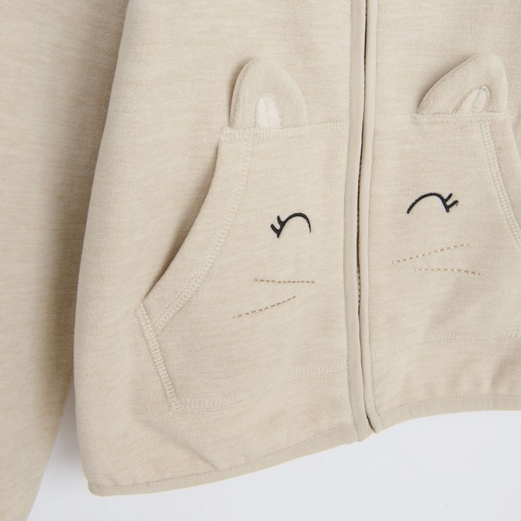 Ecru zip through jacket with kitten print at pockets