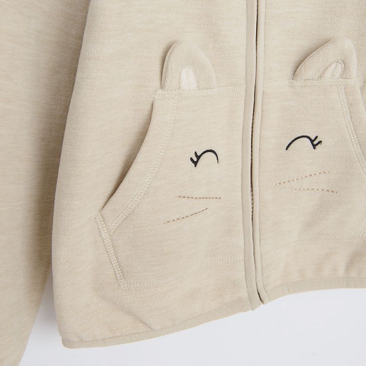 Ζακέτα fleece εκρού με κεντημένη στάμπα γατούλα στις τσέπες
