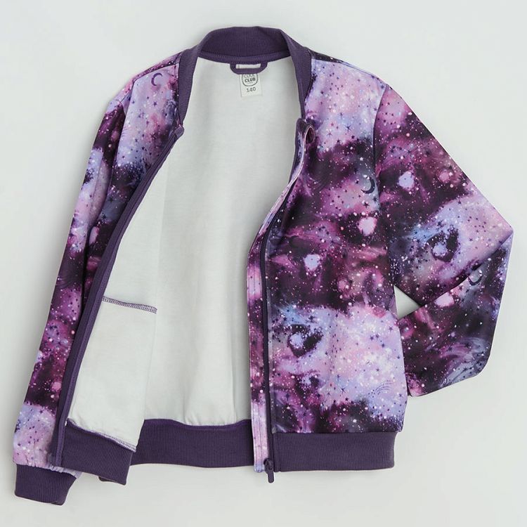 Purple tie dye zip through jacket with sky print