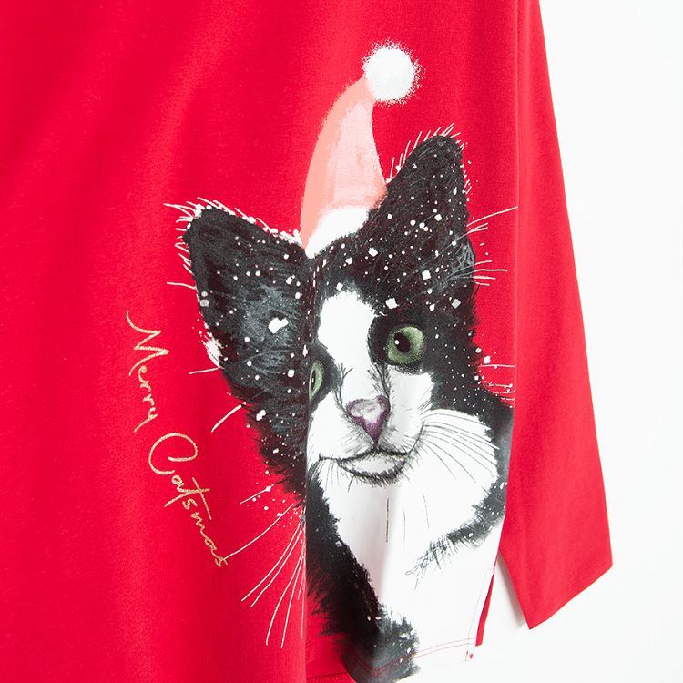 Red long sleeve blouse with cat and Christmas hat print