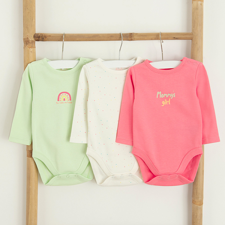 White, pink and mint long sleeve bodysuits- 3 pieces