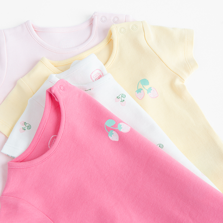 Dark pink, white, yellow and pink long sleeve bodysuits with delicate prints- 4 pack