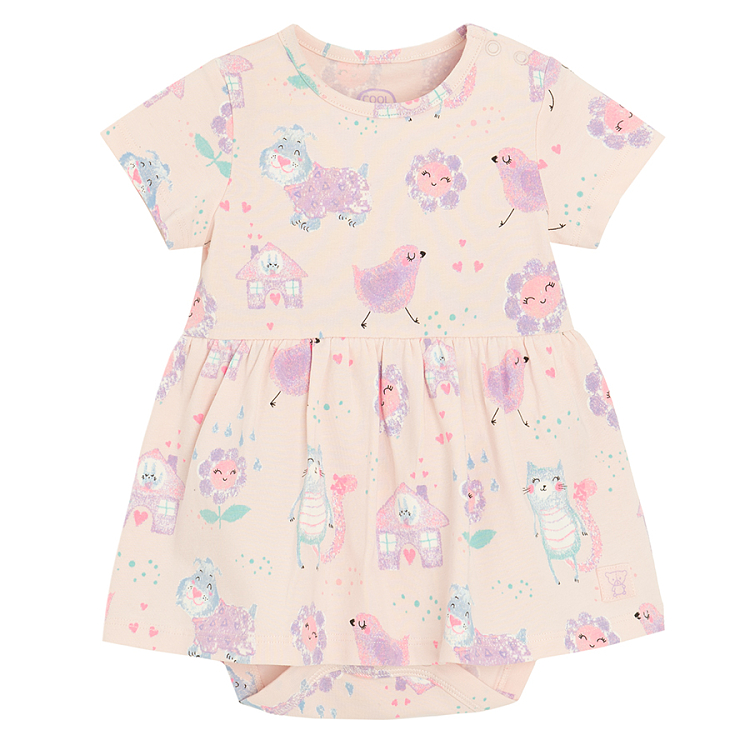 Pink dress bodysuit with sun and cheeks print and purprle cardigan