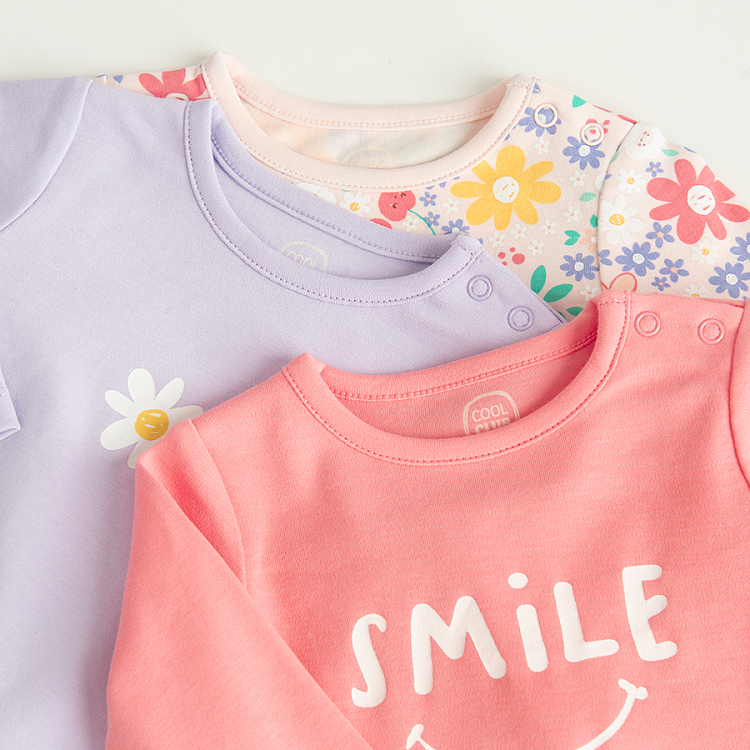 Pink with SMILE, floral and purple long sleeve bodysuits- 3 pack