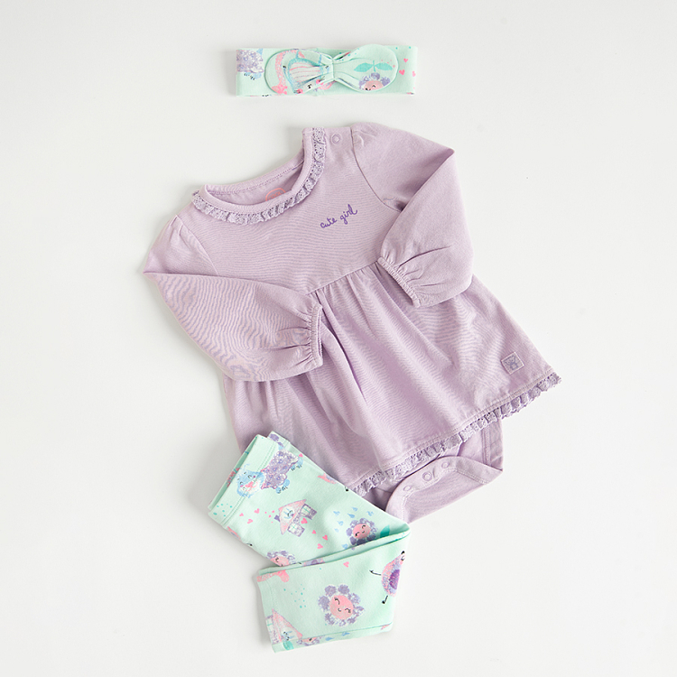 Purple dress bodysuit, mint floral leggings and matching headband- 3 pieces