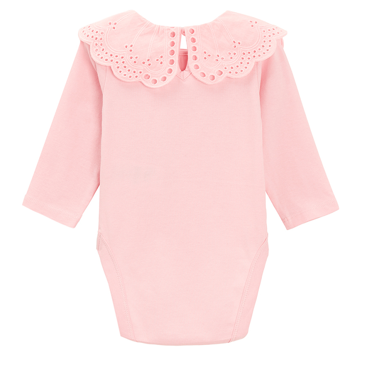 Pink long sleeve bodysuit with round embroidered collar