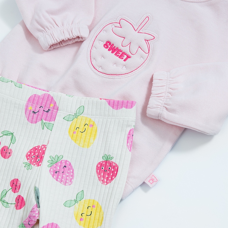 Pink sweatshirt with strawberry print and wide leg pants with fruits print set- 2 pieces