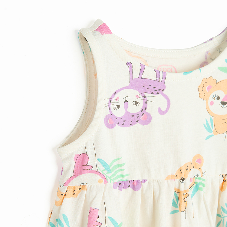 Cream sleeveless dress with small monkeys and cheetas print