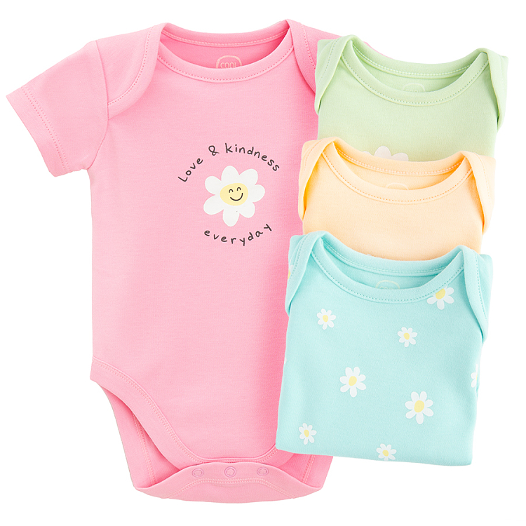 Pastel colors short sleeve bodysuits with daisies print- 4 pack