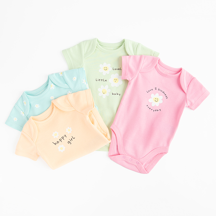 Pastel colors short sleeve bodysuits with daisies print- 4 pack