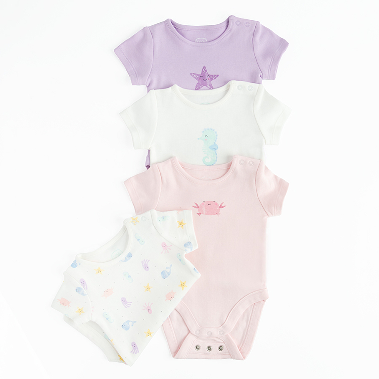 White and light pink short sleeve bodysuits with sea world print- 4 pack