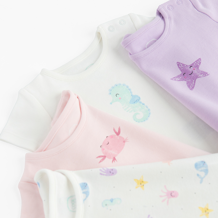 White and light pink short sleeve bodysuits with sea world print- 4 pack