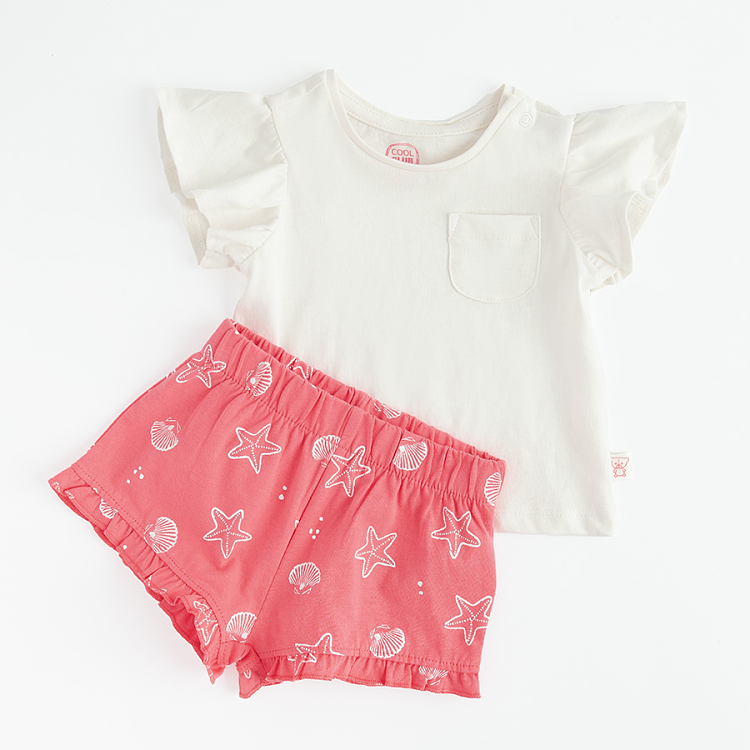 White T-shirt with chest pocket and coral shorts with sealife print