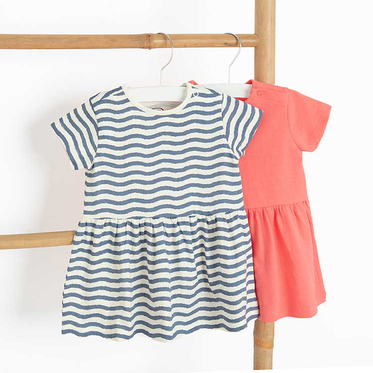 Coral and striped long sleeve dresses- 2 pack