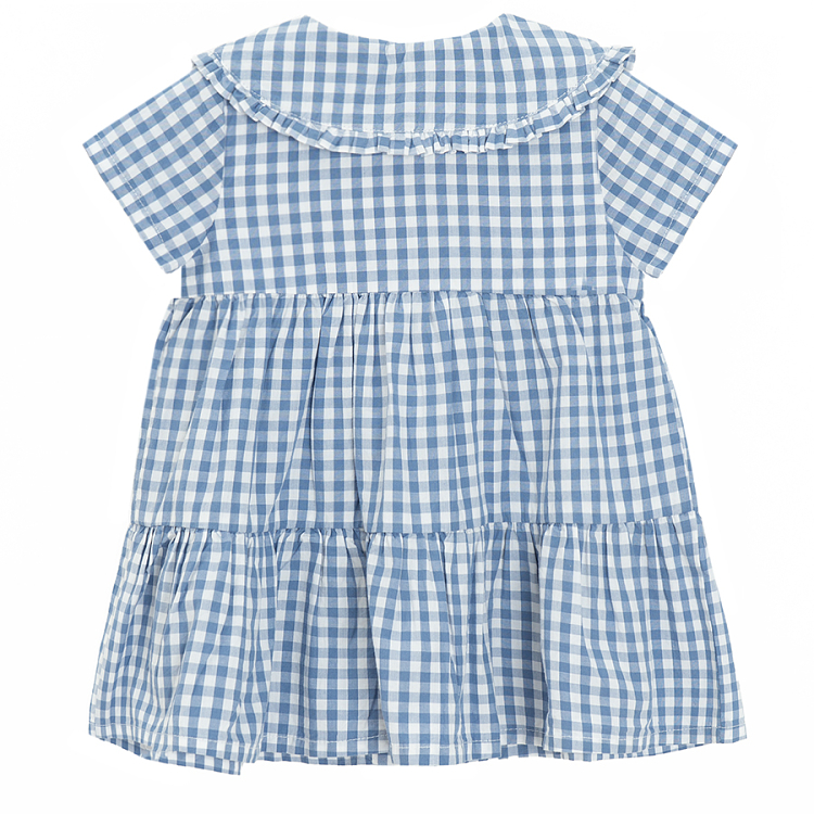 White and blue checkered short sleeve dress with ruffle colar