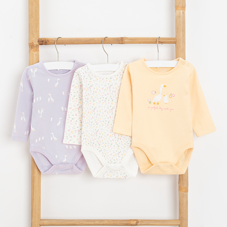 Purple, yellow, white long sleeve bodysuits with animals print- 3 pack