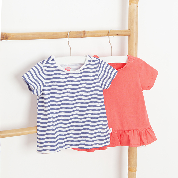 Coral and blue and white stripes short sleeve T-shirts- 2 pack
