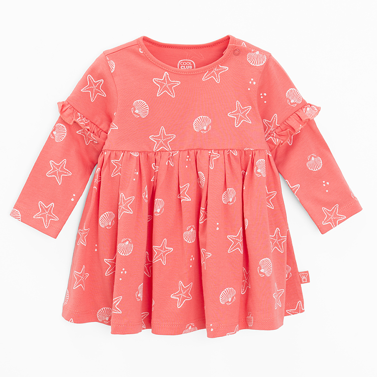Coral long/ short sleeve dress with daisies print- detachable sleeve