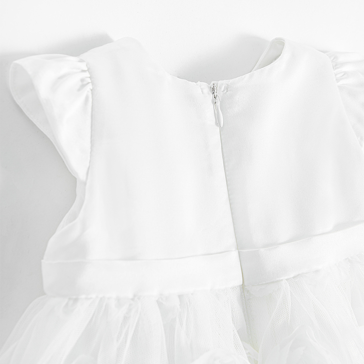 Φόρεμα κοντομάνικο λευκό με τούλι και κεντημένα λουλούδια