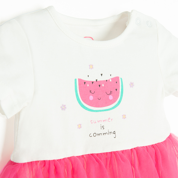 White short sleeve bodysuit with watermelon print and pink tulle skirt