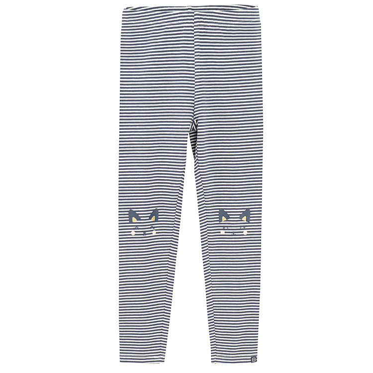 White and blue stripes leggings with kitten face on the knees