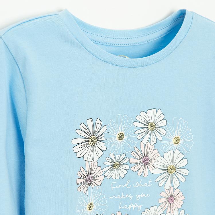 Μπλούζα μακρυμάνικη γαλάζια με στάμπα λουλούδια FIND WHAT MAKES YOU HAPPY