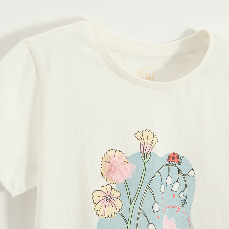 White T-shirt with cat, ladybug and flowers print