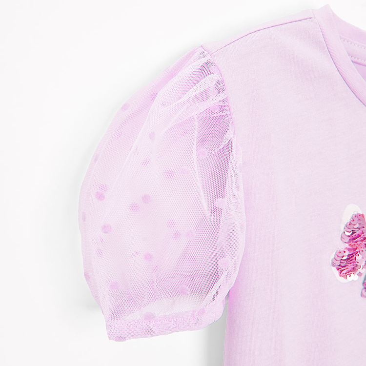Pink short sleeve blouse with puffy sleeves and butterflies print