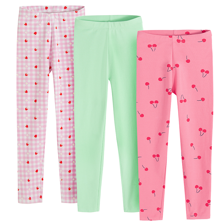 Pink with cherries, pink checkered with strawberries print and pink leggings- 3 pack