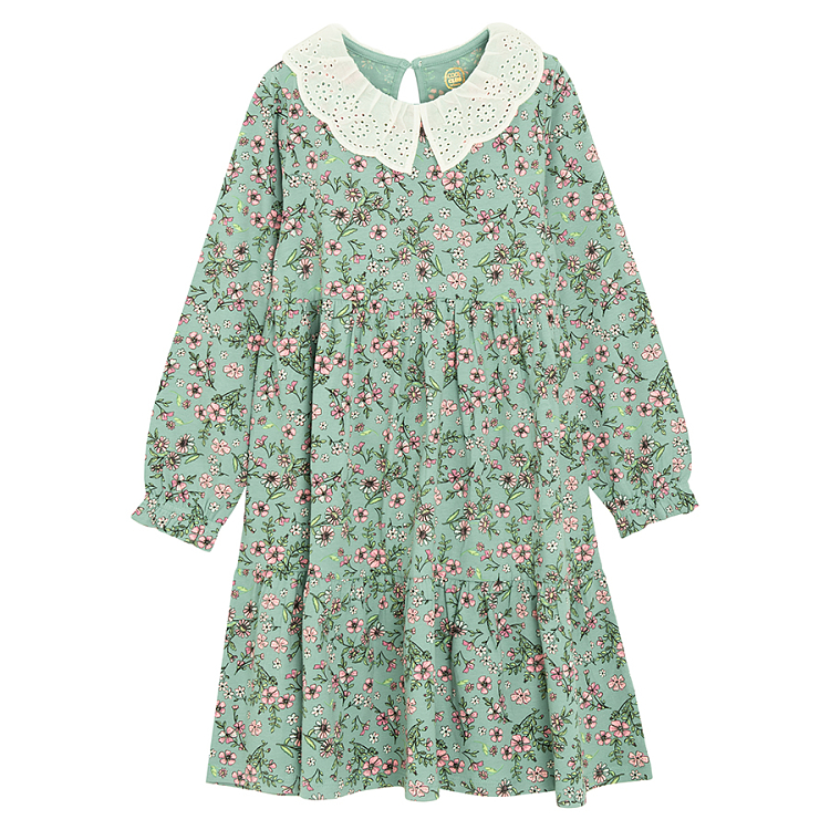Green floral long sleeve dress with white collar